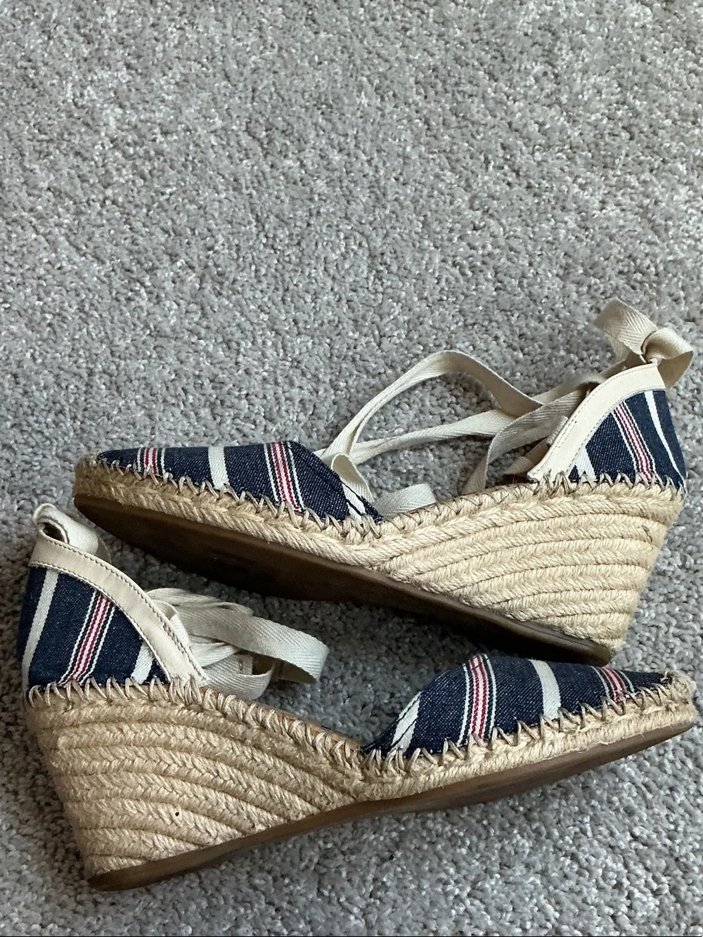 Sam Edelman Patsy Striped Canvas Espadrille Wedges with Ankle Ties - Navy Sz 9M